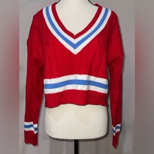 BALBOA Cable Knit V-Neck Long Sleeve Cropped Sweater Red SZ Small New With Tags